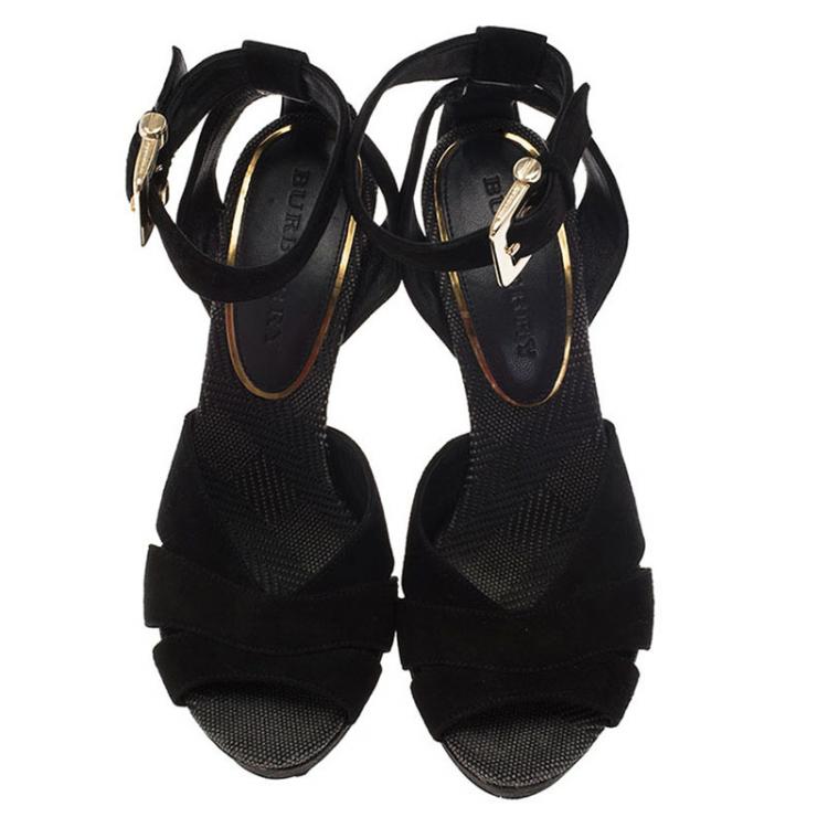 Pre Owned Burberry Black Suede Platform Ankle Strap Sandals Size 38.5