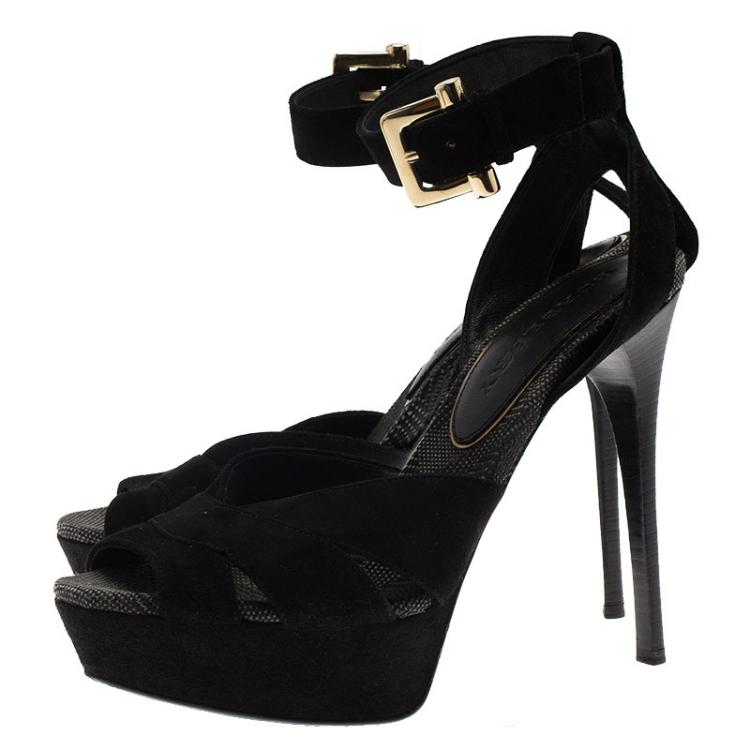 Pre Owned Burberry Black Suede Platform Ankle Strap Sandals Size 38.5