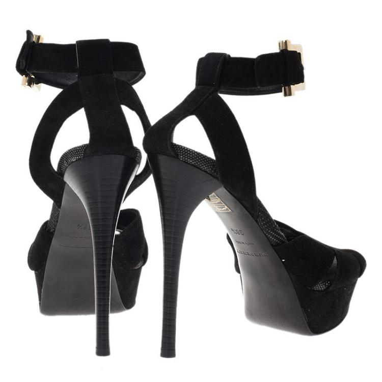 Pre Owned Burberry Black Suede Platform Ankle Strap Sandals Size 38.5