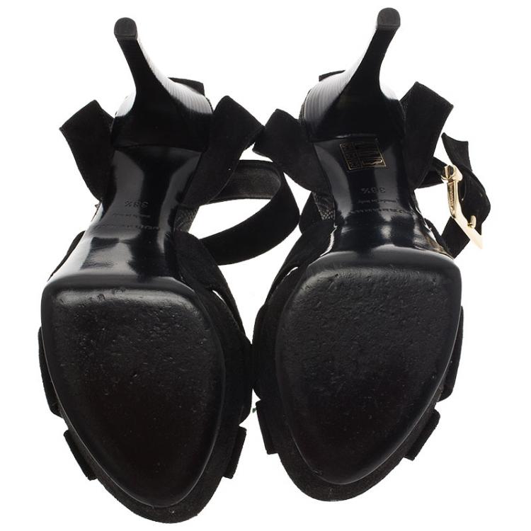 Pre Owned Burberry Black Suede Platform Ankle Strap Sandals Size 38.5