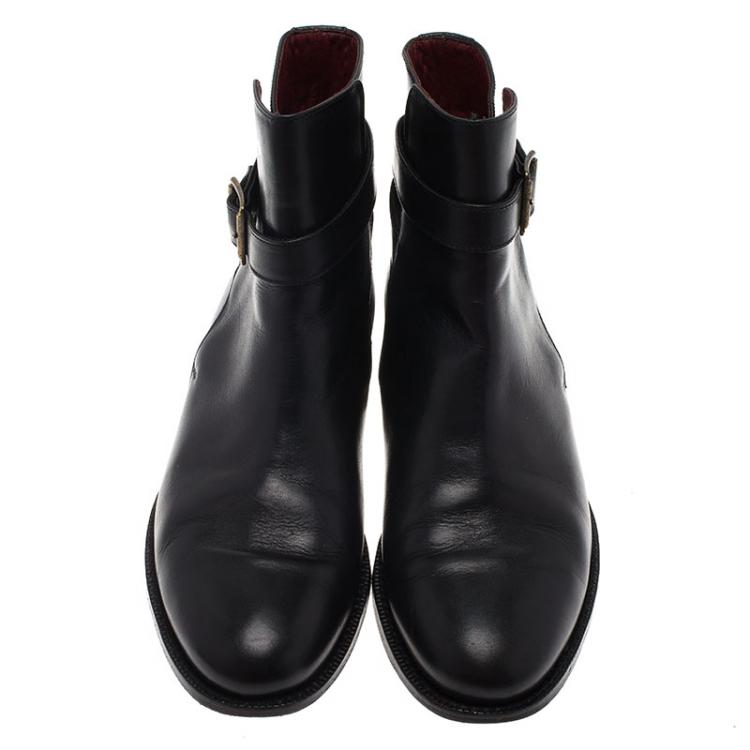 Pre Owned Burberry Black Leather Buckle Ankle Boots Size 38.5