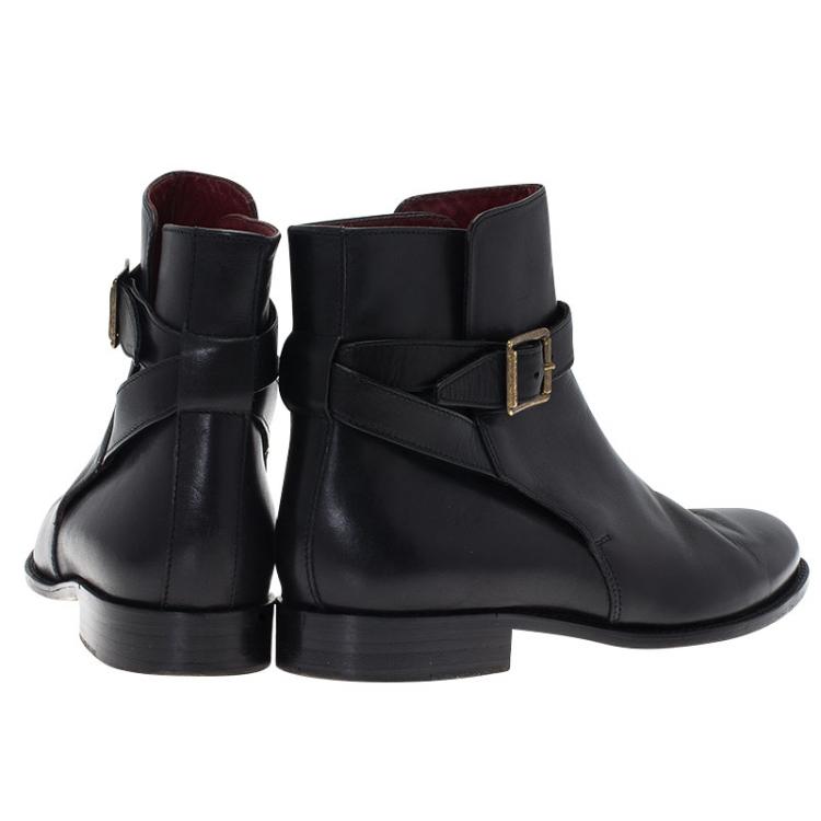Pre Owned Burberry Black Leather Buckle Ankle Boots Size 38.5