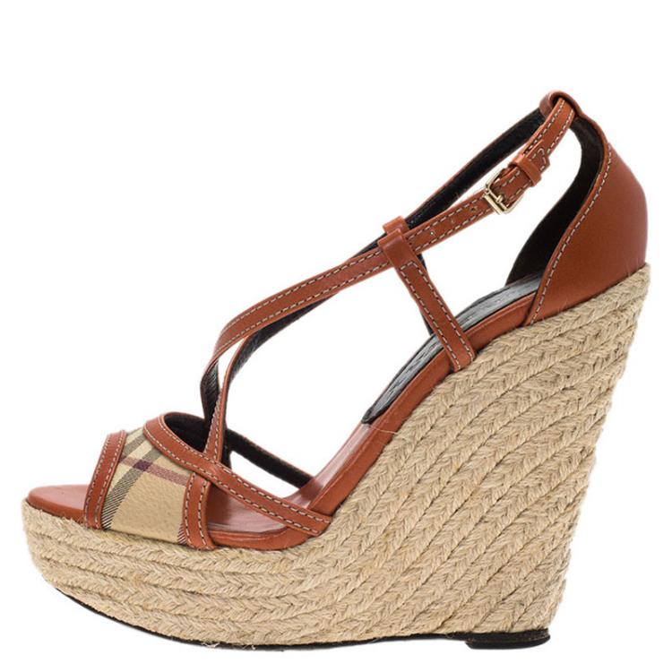 Pre Owned Burberry Orange Leather Novacheck Cross Strap Espadrille Wedge Sandals Size 37.5
