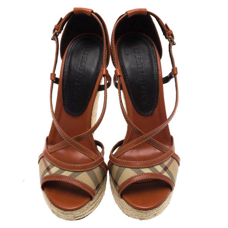 Pre Owned Burberry Orange Leather Novacheck Cross Strap Espadrille Wedge Sandals Size 37.5
