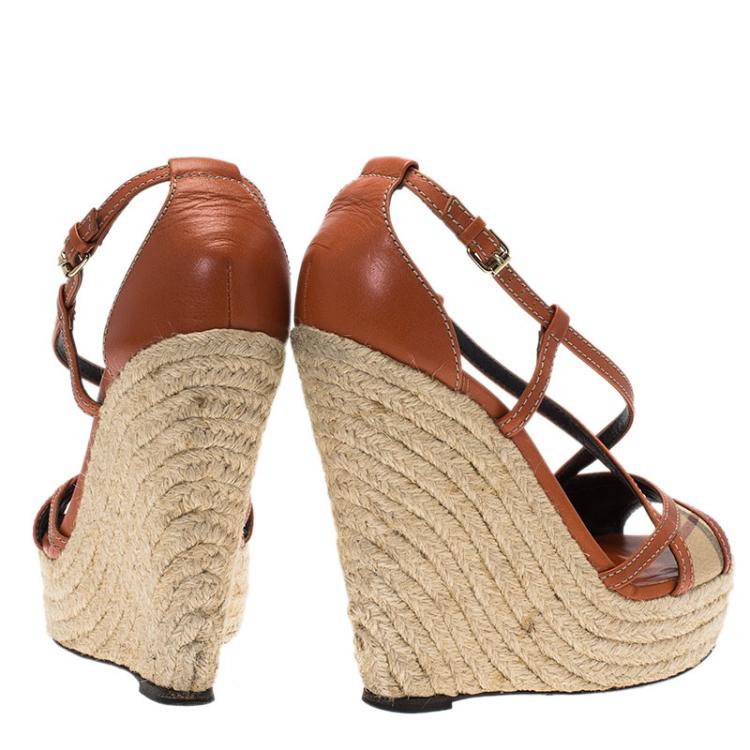 Pre Owned Burberry Orange Leather Novacheck Cross Strap Espadrille Wedge Sandals Size 37.5