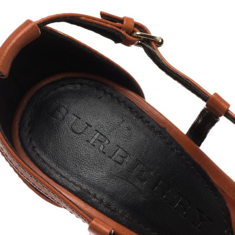 Pre Owned Burberry Orange Leather Novacheck Cross Strap Espadrille Wedge Sandals Size 37.5