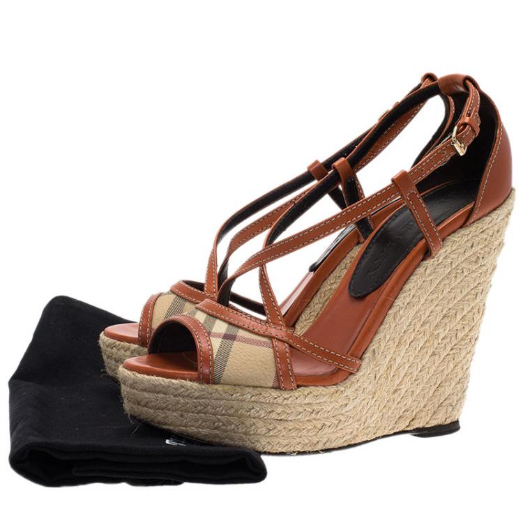 Pre Owned Burberry Orange Leather Novacheck Cross Strap Espadrille Wedge Sandals Size 37.5