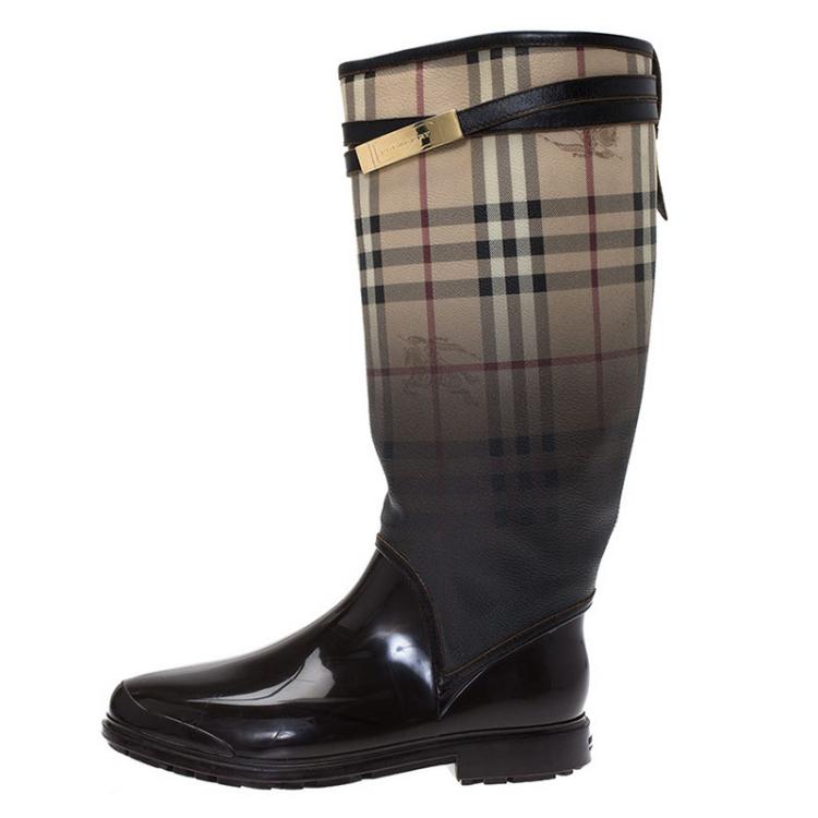 Burberry Brown Rubber And Canvas Faded Novacheck Rain Boots Size 38 Burberry  | TLC