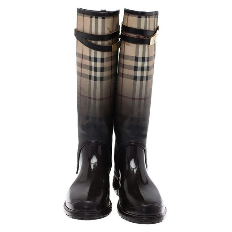 Pre Owned Burberry Brown Rubber And Canvas Faded Novacheck Rain Boots Size 38