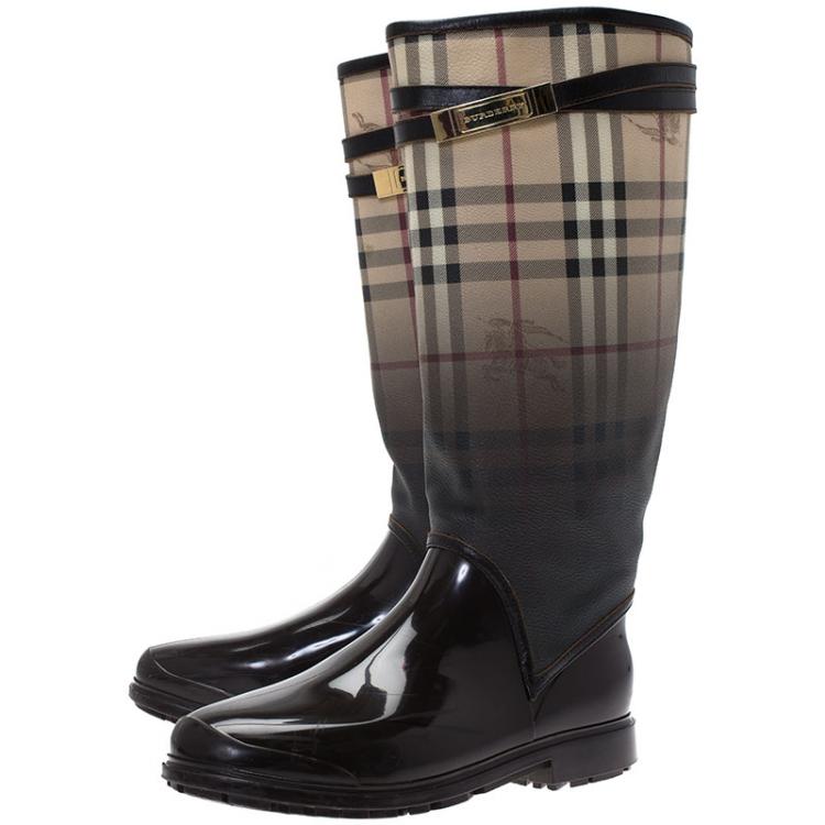 Pre Owned Burberry Brown Rubber And Canvas Faded Novacheck Rain Boots Size 38