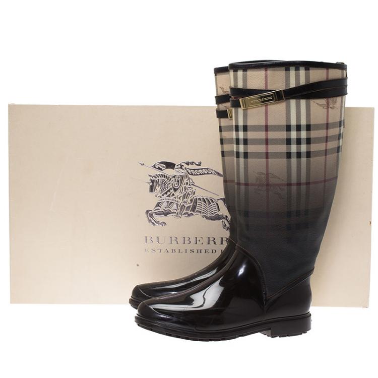 Pre Owned Burberry Brown Rubber And Canvas Faded Novacheck Rain Boots Size 38