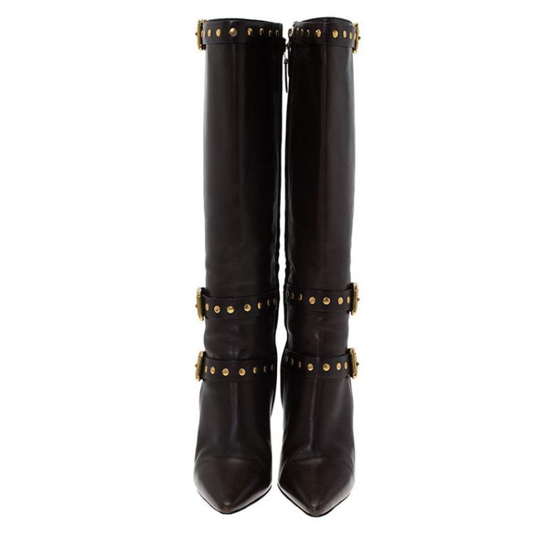 Pre Owned Burberry Brown Leather and Novacheck Canvas Bridle Rivet Knee Boots Size 38