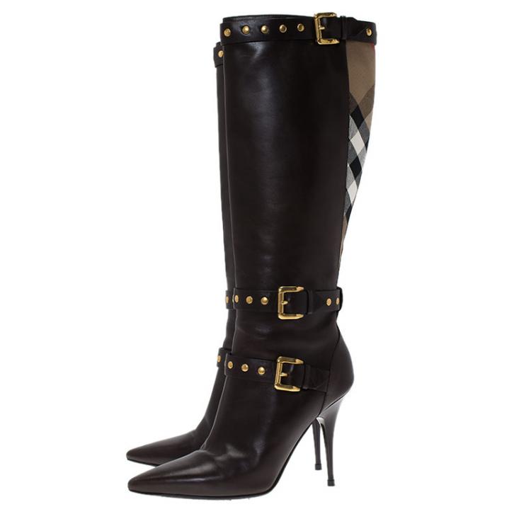 Pre Owned Burberry Brown Leather and Novacheck Canvas Bridle Rivet Knee Boots Size 38