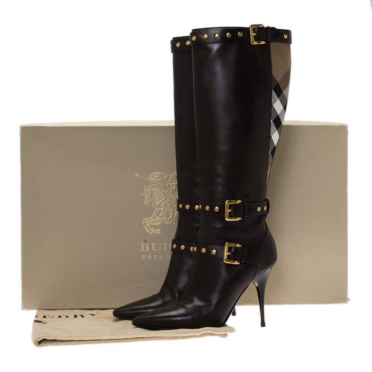 Pre Owned Burberry Brown Leather and Novacheck Canvas Bridle Rivet Knee Boots Size 38
