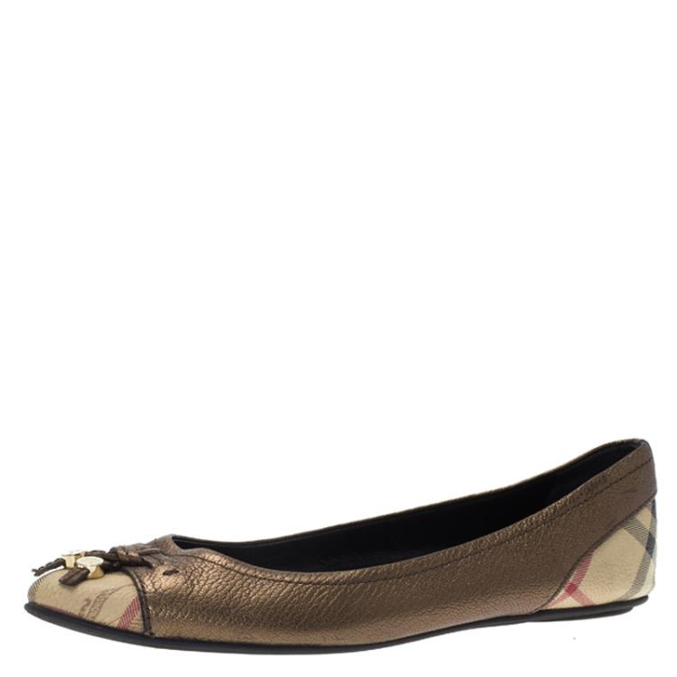 Pre Owned Burberry Metallic Bronze Leather and Novacheck Canvas Ballet Flats Size 38.5