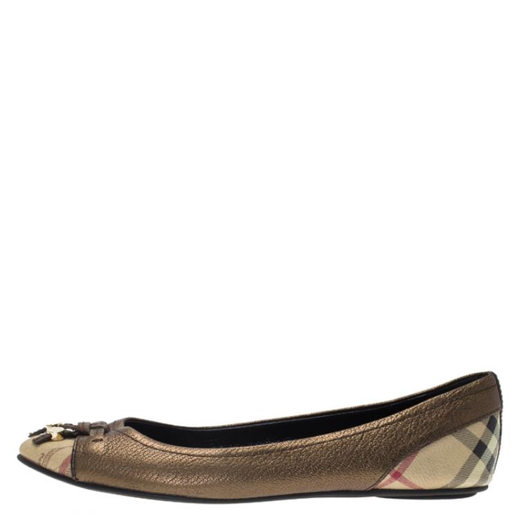 Pre Owned Burberry Metallic Bronze Leather and Novacheck Canvas Ballet Flats Size 38.5
