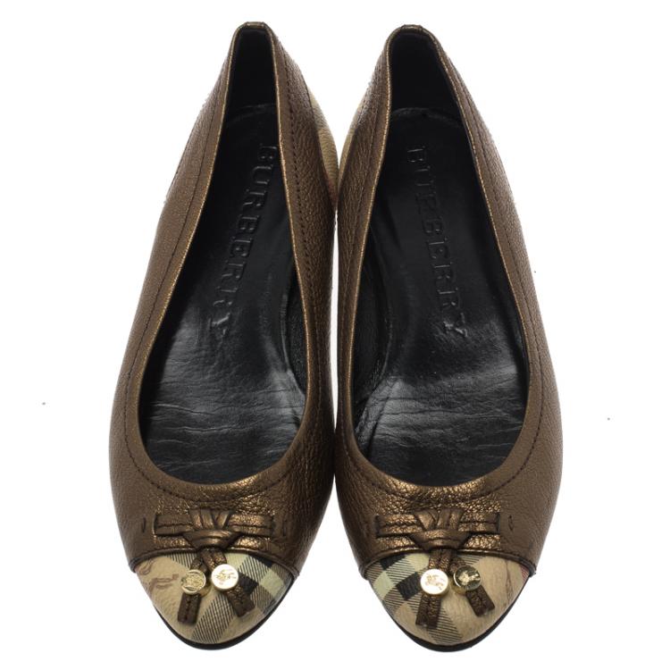 Pre Owned Burberry Metallic Bronze Leather and Novacheck Canvas Ballet Flats Size 38.5