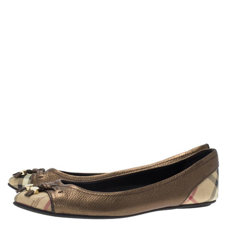 Pre Owned Burberry Metallic Bronze Leather and Novacheck Canvas Ballet Flats Size 38.5