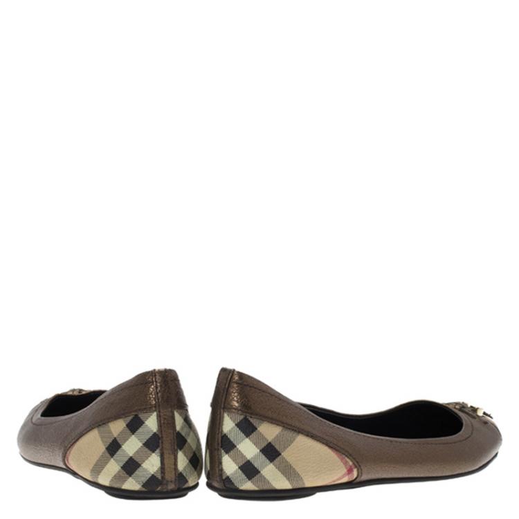 Pre Owned Burberry Metallic Bronze Leather and Novacheck Canvas Ballet Flats Size 38.5