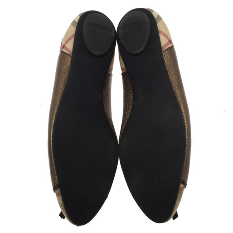 Pre Owned Burberry Metallic Bronze Leather and Novacheck Canvas Ballet Flats Size 38.5