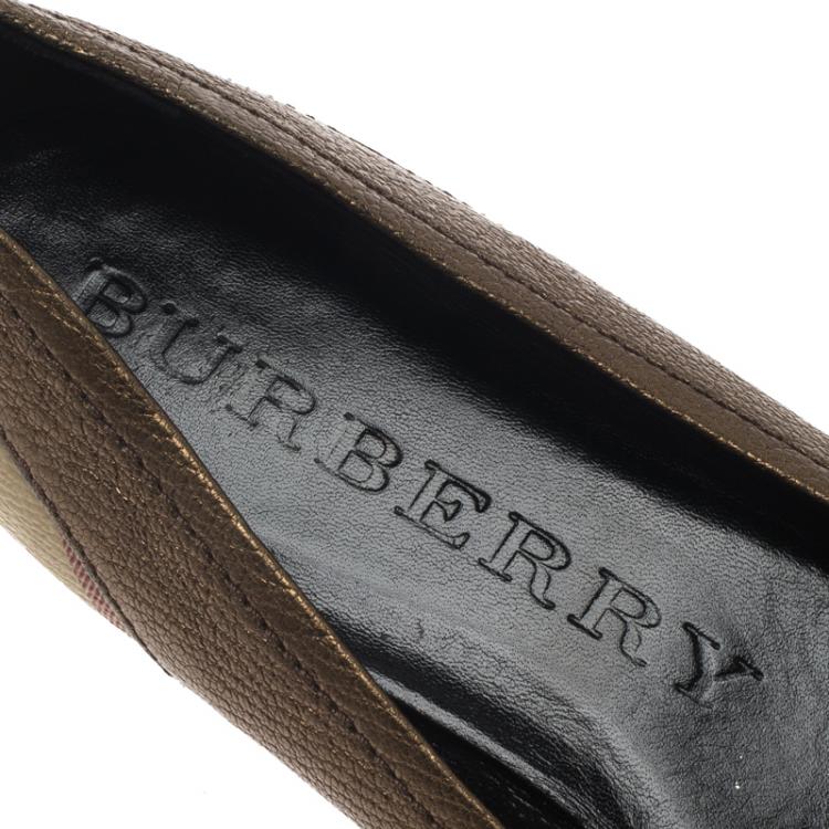 Pre Owned Burberry Metallic Bronze Leather and Novacheck Canvas Ballet Flats Size 38.5