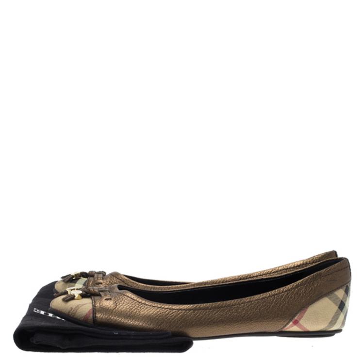 Pre Owned Burberry Metallic Bronze Leather and Novacheck Canvas Ballet Flats Size 38.5