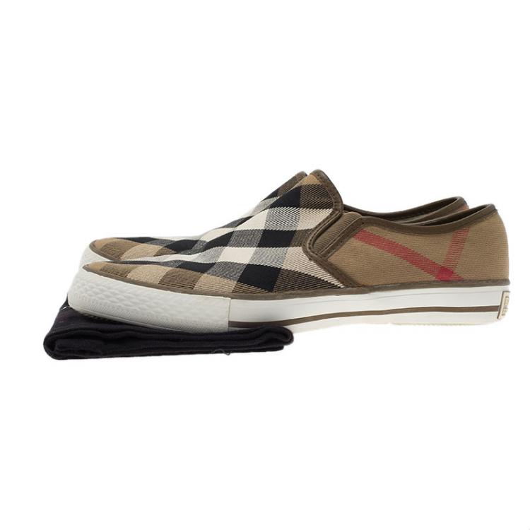 Pre Owned Burberry Beige Novacheck Canvas Slip On Sneakers Size 39
