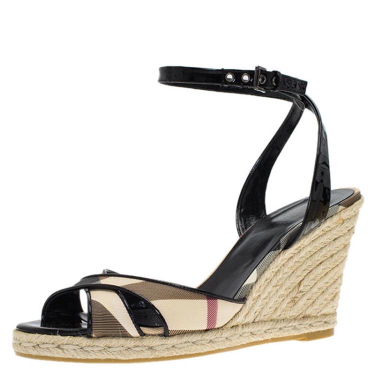 Pre Owned Burberry Black Patent Leather and Novacheck Canvas Espadrille Wedge Sandals Size 40