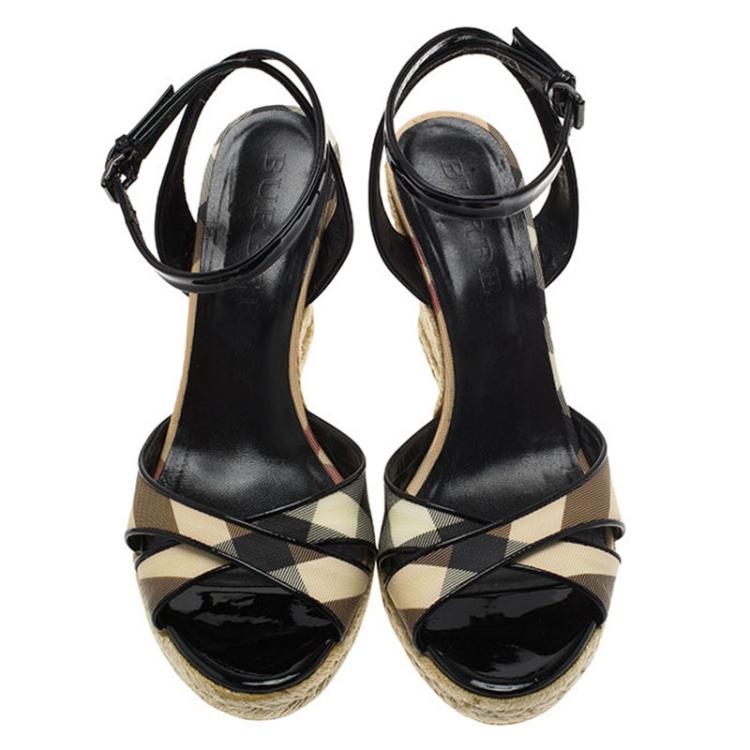 Pre Owned Burberry Black Patent Leather and Novacheck Canvas Espadrille Wedge Sandals Size 40