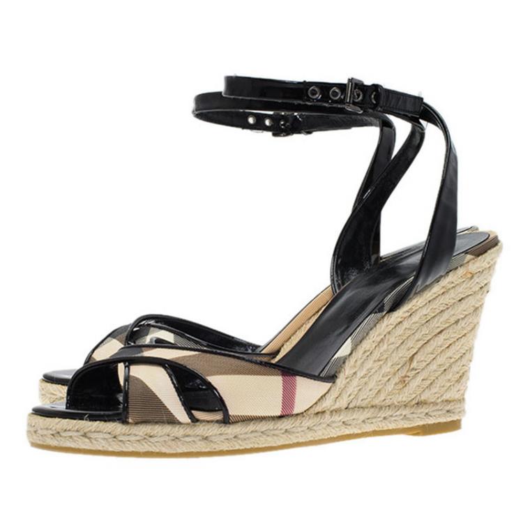 Pre Owned Burberry Black Patent Leather and Novacheck Canvas Espadrille Wedge Sandals Size 40