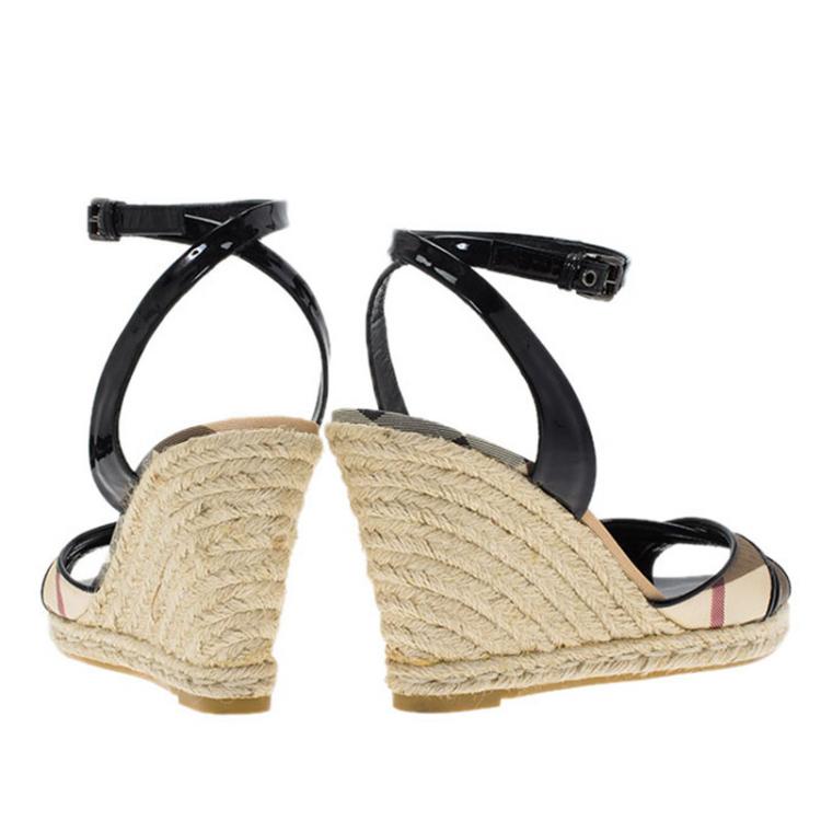 Pre Owned Burberry Black Patent Leather and Novacheck Canvas Espadrille Wedge Sandals Size 40