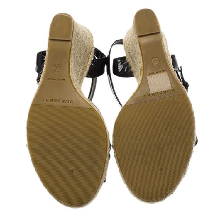 Pre Owned Burberry Black Patent Leather and Novacheck Canvas Espadrille Wedge Sandals Size 40