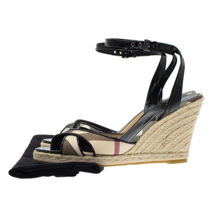 Pre Owned Burberry Black Patent Leather and Novacheck Canvas Espadrille Wedge Sandals Size 40