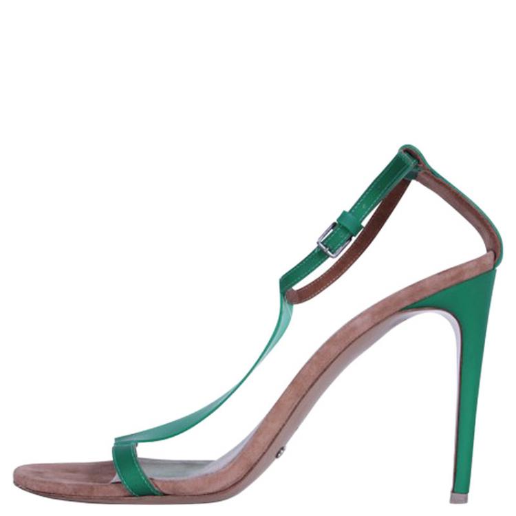 مملوكة مسبقًا Burberry Prorsum Green Leather and Vinyl Taylor T Strap Sandals Size 39