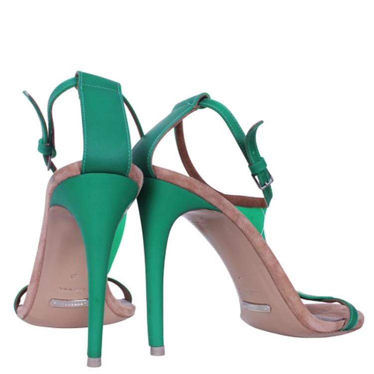 مملوكة مسبقًا Burberry Prorsum Green Leather and Vinyl Taylor T Strap Sandals Size 39