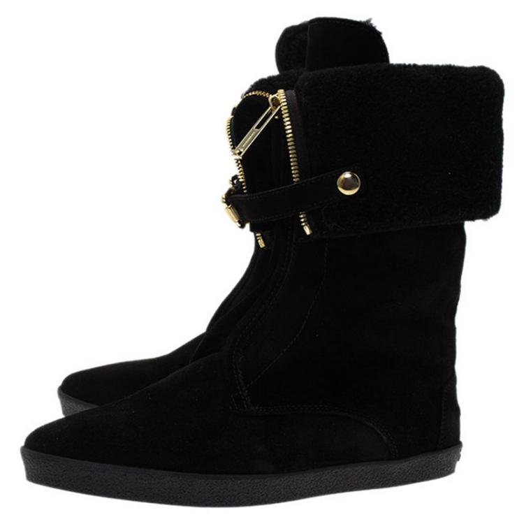 Pre Owned Burberry Black Suede and Shearling Mid Calf Boots Size 37