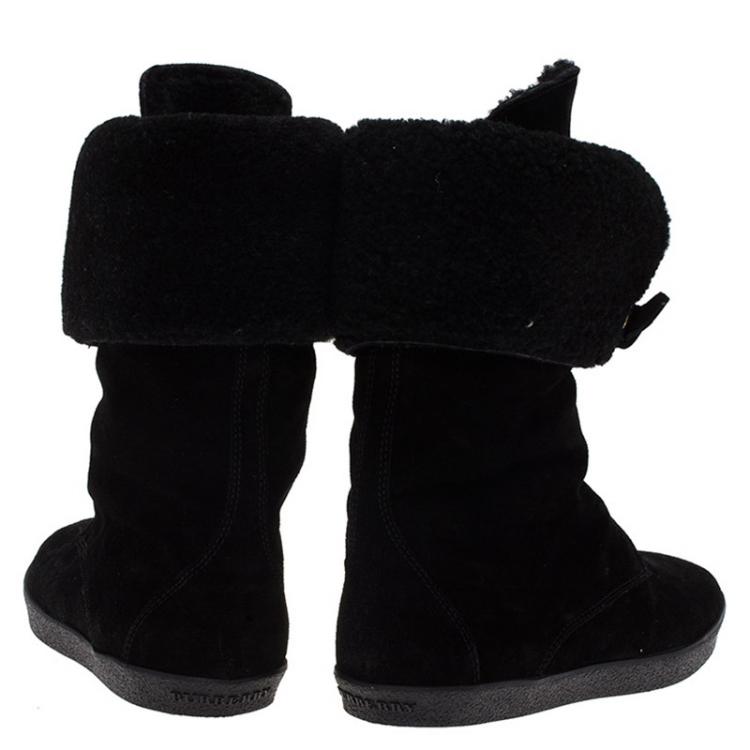 Pre Owned Burberry Black Suede and Shearling Mid Calf Boots Size 37