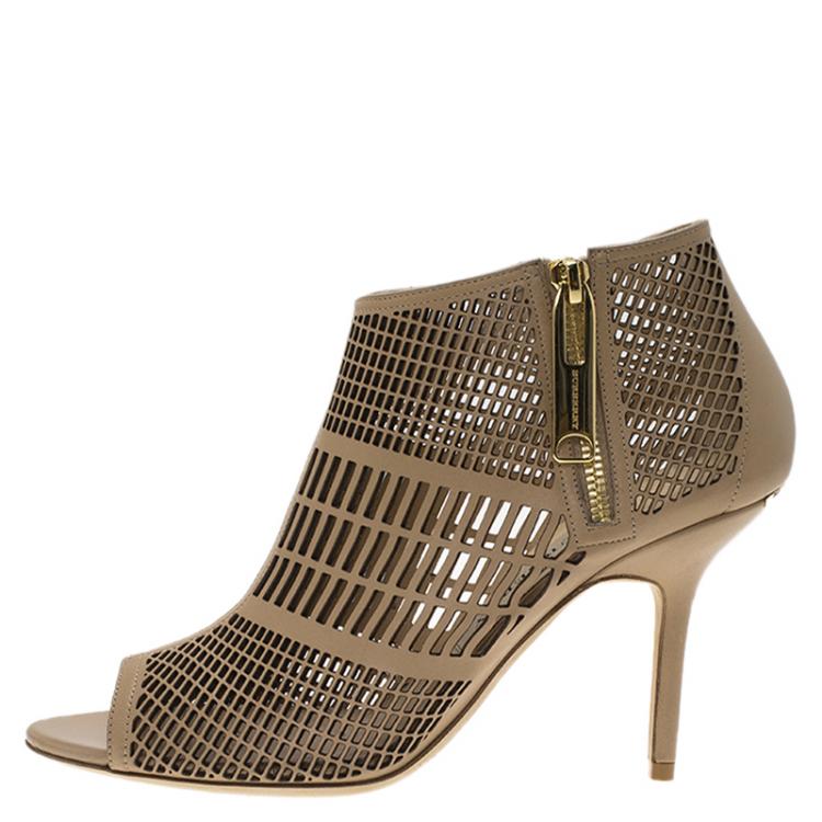 Pre Owned Burberry Beige Cutout Leather Baynton Open Toe Ankle Boots Size 38.5