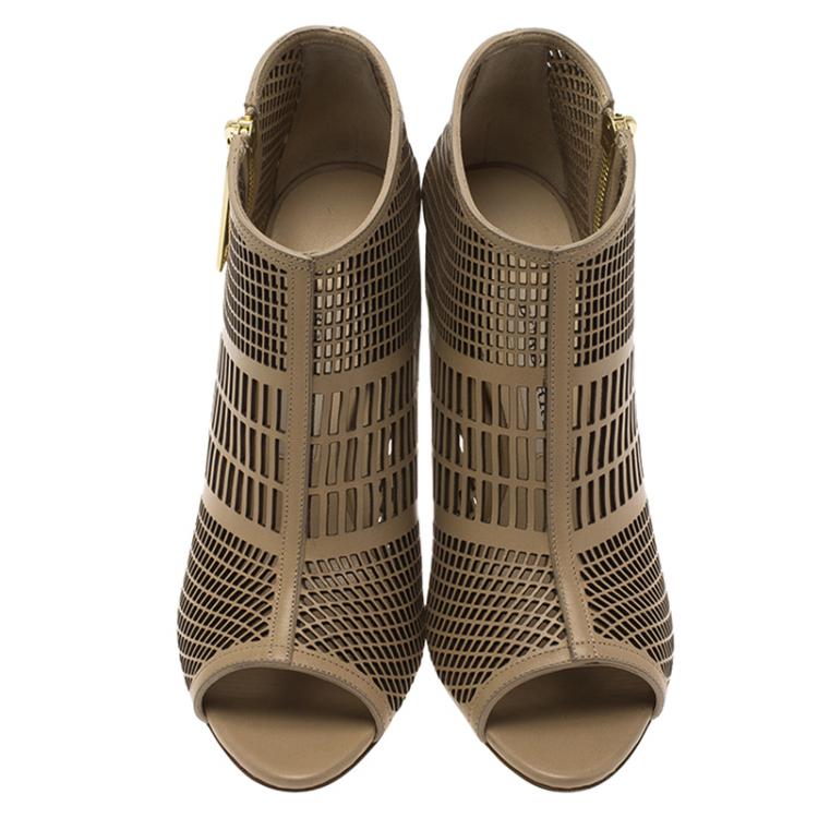 Pre Owned Burberry Beige Cutout Leather Baynton Open Toe Ankle Boots Size 38.5