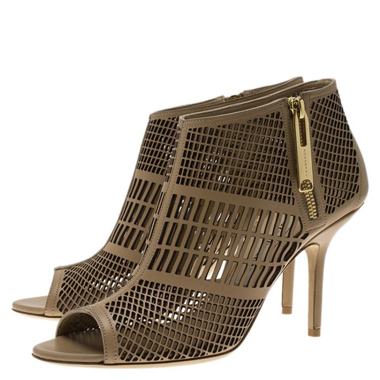 Pre Owned Burberry Beige Cutout Leather Baynton Open Toe Ankle Boots Size 38.5