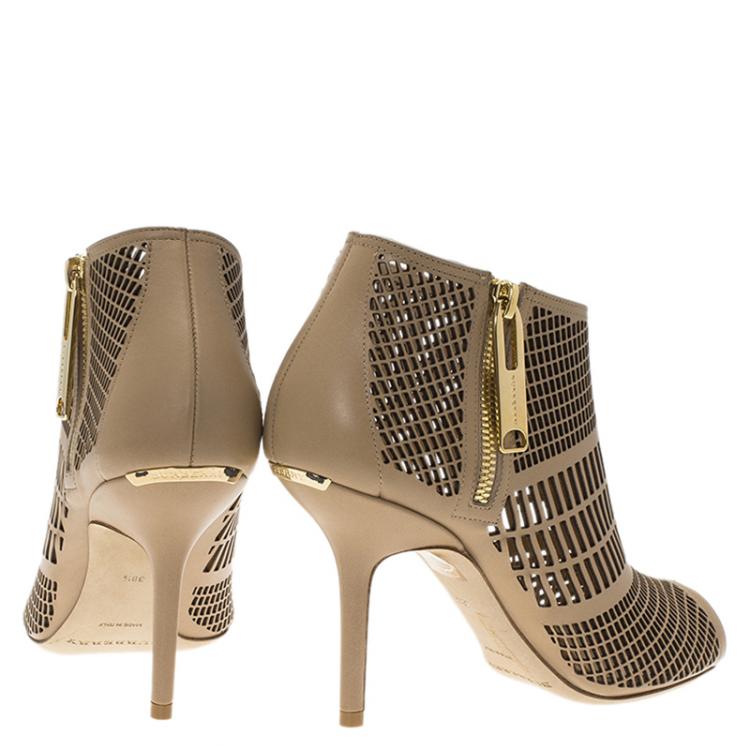 Pre Owned Burberry Beige Cutout Leather Baynton Open Toe Ankle Boots Size 38.5