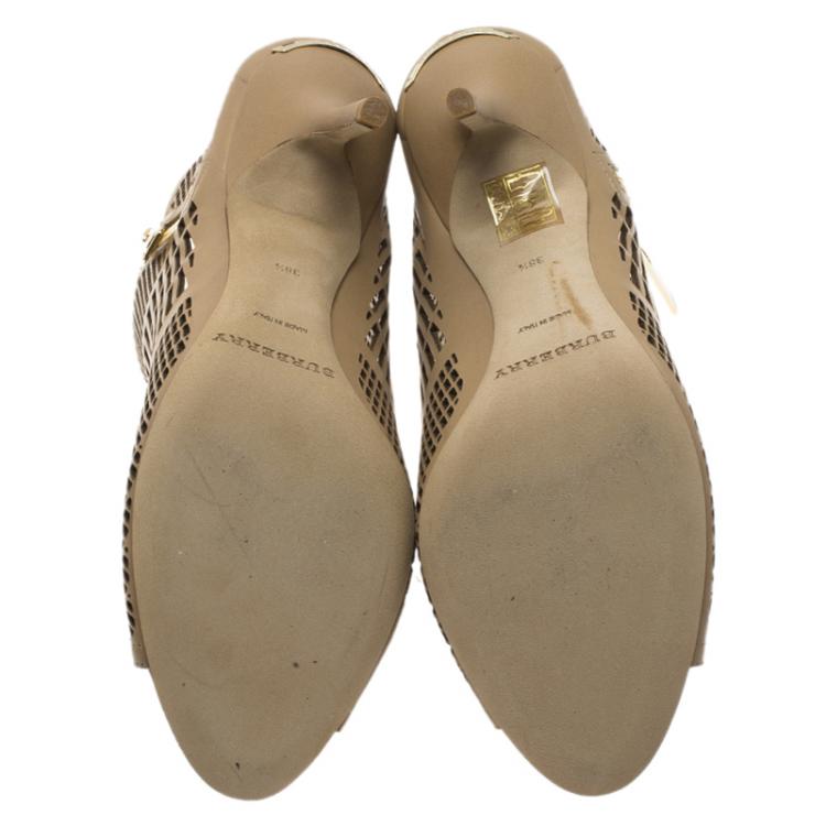 Pre Owned Burberry Beige Cutout Leather Baynton Open Toe Ankle Boots Size 38.5