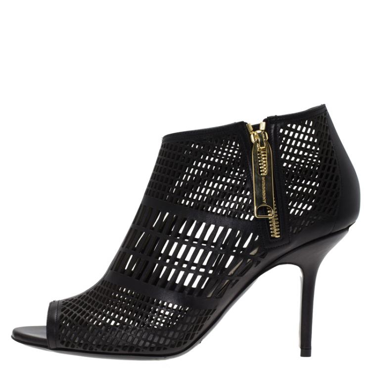 Pre Owned Burberry Black Cutout Leather Baynton Peep Toe Ankle Boots Size 38.5