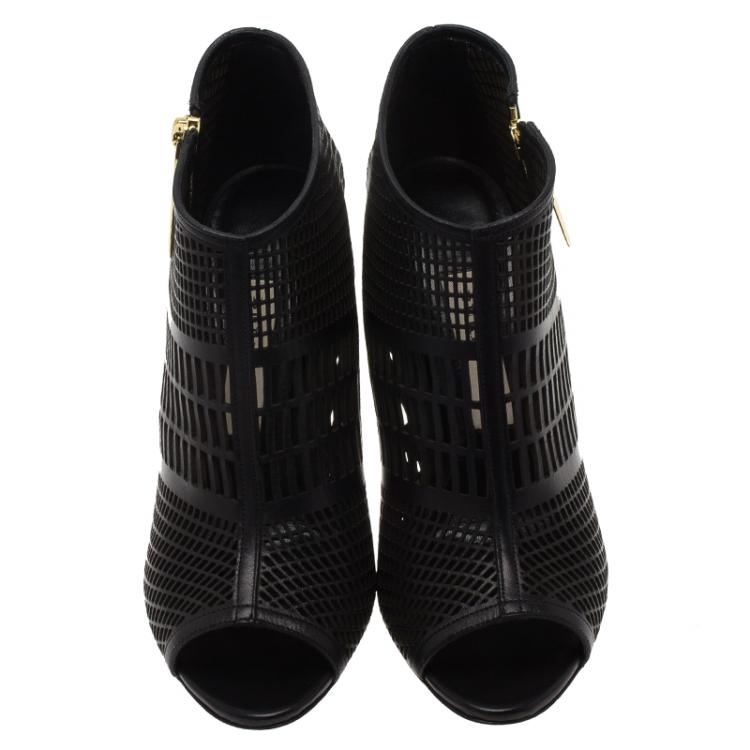 Pre Owned Burberry Black Cutout Leather Baynton Peep Toe Ankle Boots Size 38.5