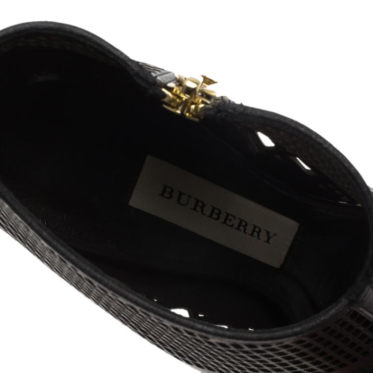 Pre Owned Burberry Black Cutout Leather Baynton Peep Toe Ankle Boots Size 38.5