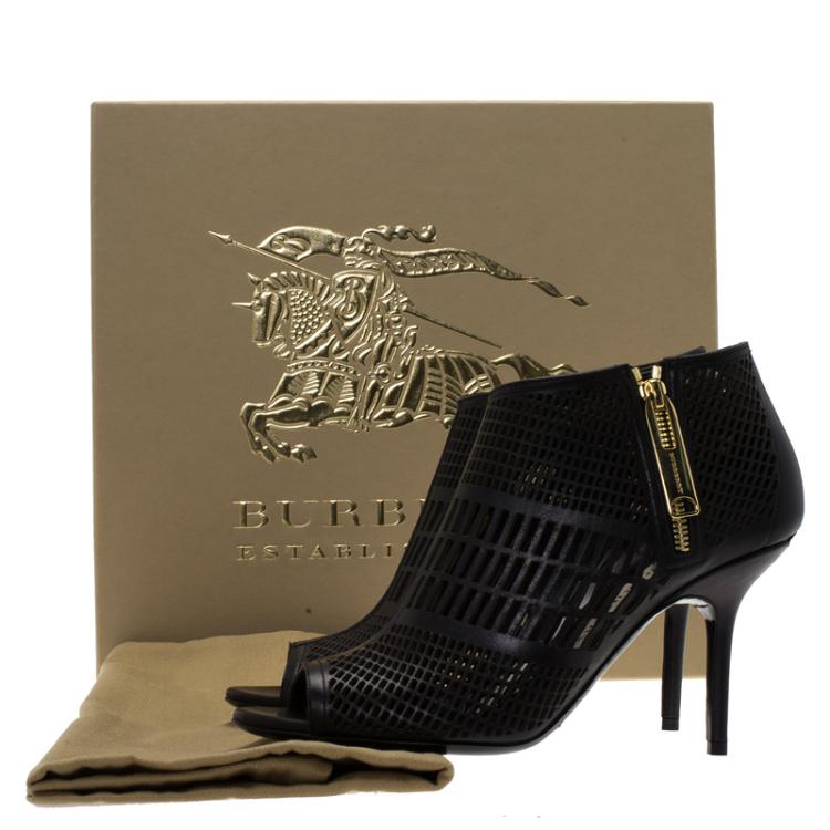 Pre Owned Burberry Black Cutout Leather Baynton Peep Toe Ankle Boots Size 38.5