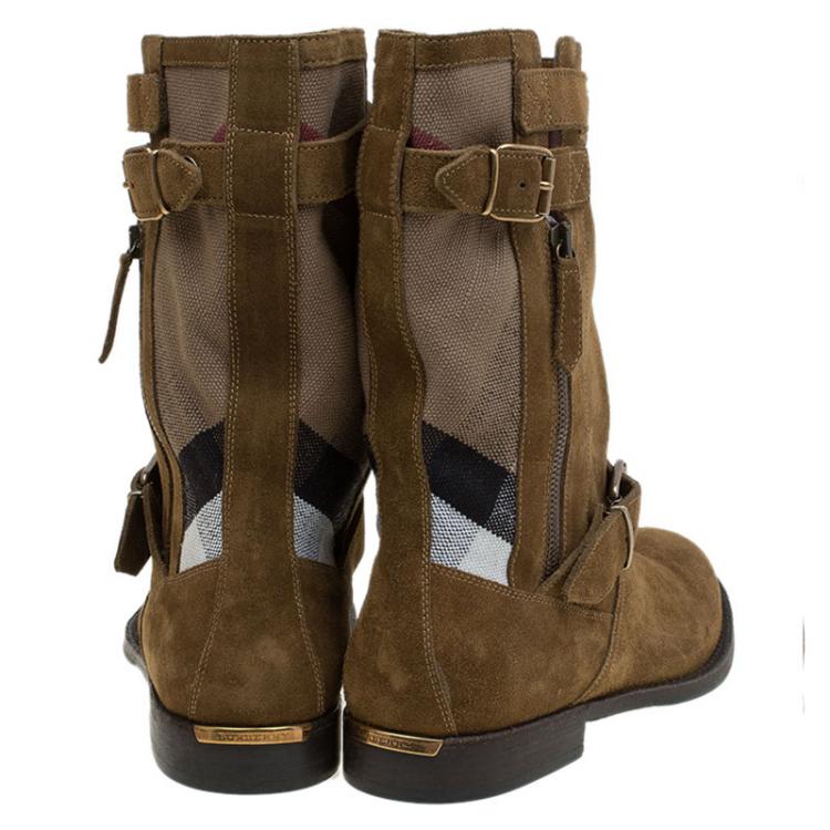 مملوكة مسبقًا Burberry Brown Suede and Novacheck Canvas Grantville Mid Calf Boots Size 39.5