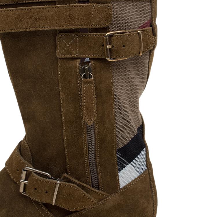 مملوكة مسبقًا Burberry Brown Suede and Novacheck Canvas Grantville Mid Calf Boots Size 39.5