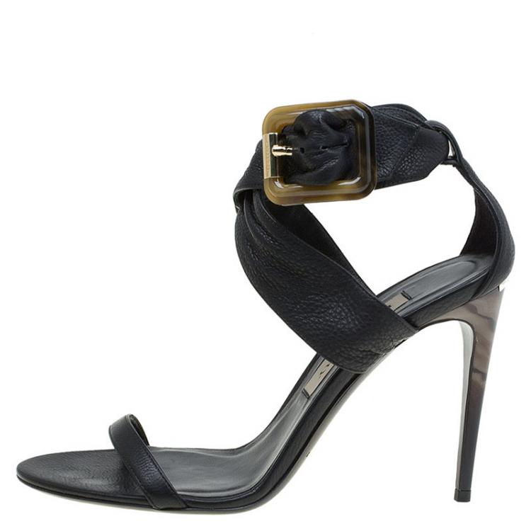 Pre Owned Burberry Black Leather Marham Buckle Sandals Size 39