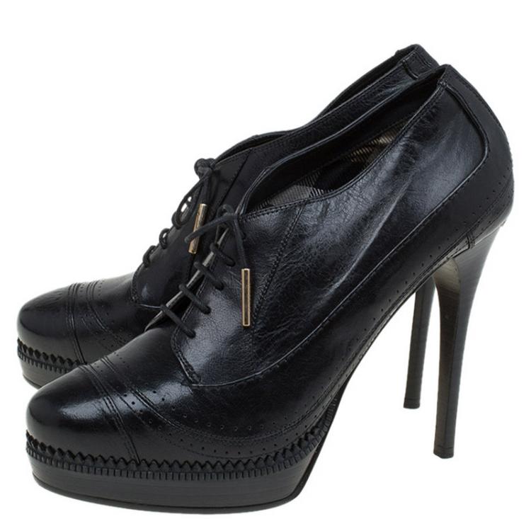 Pre Owned Burberry Black Brogue Leather Lace Up Platform Ankle Boots Size 40